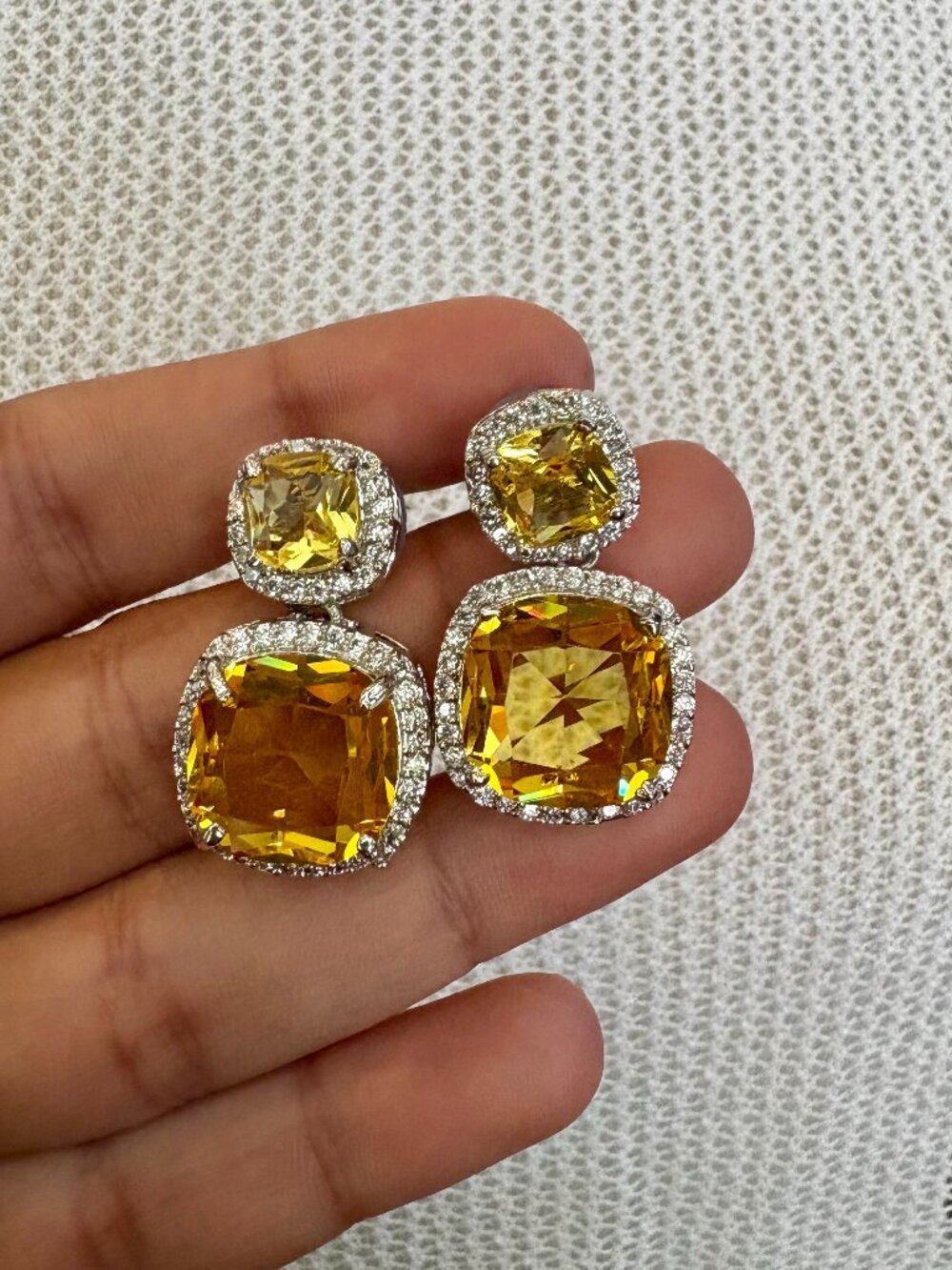 Yellow Crystal Cubic Zirconia Rhodium Plated Earrings